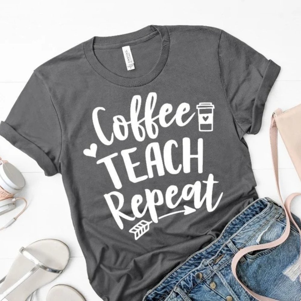 Handmade unisex coffee teach repeat shirt / teacher shirt, professor shirt